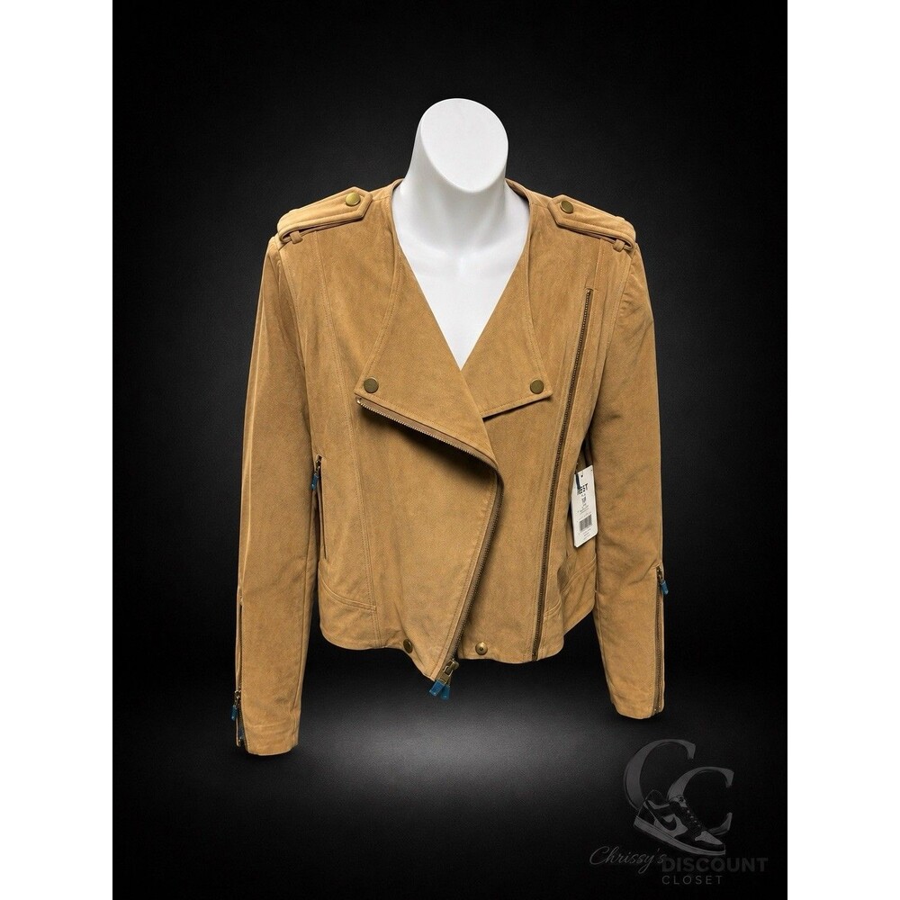 Etcetera 100% Suede Moto Jacket Womens Size 2 Tan Beige Asymmetrical Zip Boho